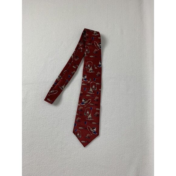 Mickey Unlimited Disney Men's Tie Mickey Goofy Fishing Red Novelty Vintage - Picture 5 of 5